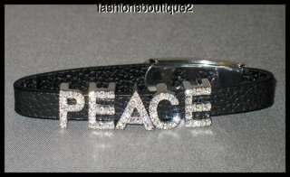 CLEAR CRYSTAL PEACE BLACK FAUX LEATHER WRISTBAND  