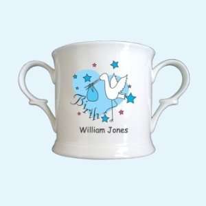   New Baby Gift   Personalised Loving Cup with Blue Stork Design Baby