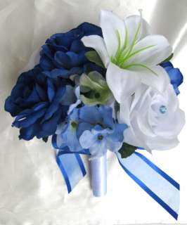   Cascade Bouquet Bridal Silk flowers ROYAL BLUE WHITE LILY 17pc package