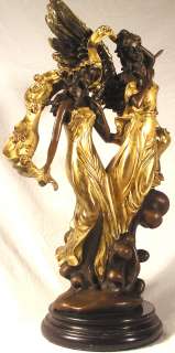 WOMAN & ANGEL WINGS GREEK ROMAN BRONZE SCULPTURE STATUE WITH GOLD 