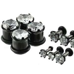  Wholesale 30 Pieces of Stainless Steel Black PVD Plug with CZ Stone 