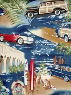  Fabric 1/2 yard 57 wide Cotton/Rayon VINTAGE CARS surf boards  