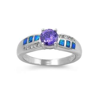  Sterling Silver Ring in Lab Opal   Blue Opal, Purple CZ  Ring 