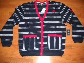   Crooks & Castles Devil Striped Cardigan Sweater Navy/Red 3XL  
