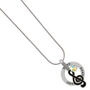 Silver Black Enamel Clef Charm on Band Snake Chain Necklace AB Crystal