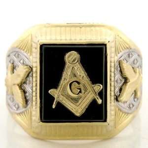    10K Solid Gold Two Tone Mens Onyx Masonic Eagle Ring: Jewelry