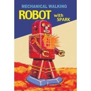 Vintage Art Mechanical Walking Red Robot with Spark 