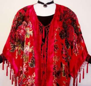 Silk Kimono Opera Coat Red Roses Hand Beaded Burnout Velvet New  