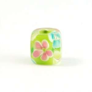  10mm Green with Multi Colored Flowers Glass Cube Beads 