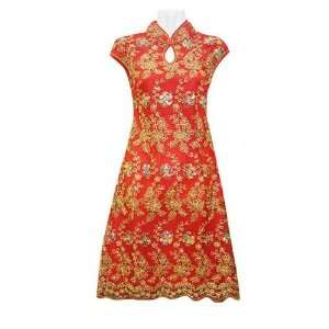   Silk Lace Overlay Flower Embroidered Red Dress L 