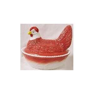  5 Glass Painted Raspberry Chicken on Basket Covered Bowl 