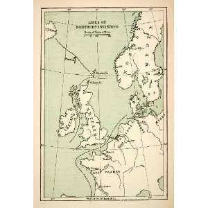 1884 Wood Engraved Map Lines Northern Invasion Sweden Britain Ireland 