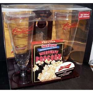 Budweiser Wooden Bar Stand with Pilsner Glasses & Popcorn:  