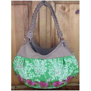 Tickled Pink JANE GR ROUND Round Jane Bag   Green with Roses and Beads