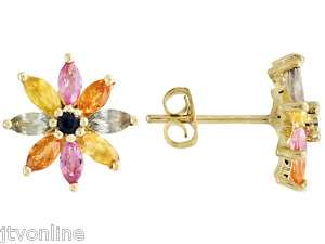 Womens Multi Color Sapphire 10k Gold Flower Earrings  