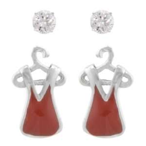 Sterling Silver Enamel Red Dress Stud and Cubic Zirconia Stud Earrings 