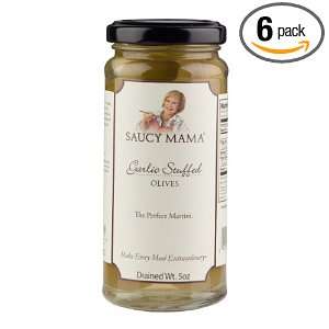 Saucy Mama Garlic Stuffed Olives, 5 Ounce Boxes (Pack of 6)  