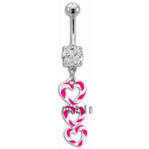  14g Dangling Pink Striped Heart Sexy Belly Button Navel Ring Dangle 