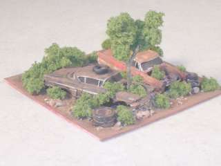 HO Scale Diorama w/2 Rusted Out Cars in weeds w/ tree  