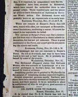 1859 OLD NEWSPAPER Harpers Ferry WV JOHN BROWN Negroes SLAVES 