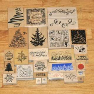 HUGE LOT 27 WOODEN RUBBER CHRISTMAS STAMPS TREES ORNAMENTS PRESENTS 