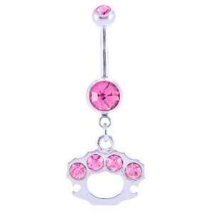   Steel Belly Ring with Pink Crystals   Dangling Brass Knuckles Jewelry