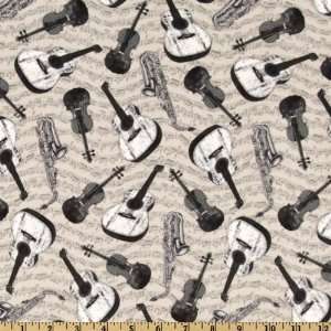  44 Wide Lucys Crowd Instruments Ecru Fabric By The Yard 