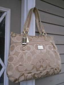  AUTH Coach Poppy Gold & Khaki Lurex Signature Glam Tote/Handbag 17890