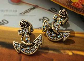 Hot Fashion a pair Antique Bronze Anchor European crystal Earrings 