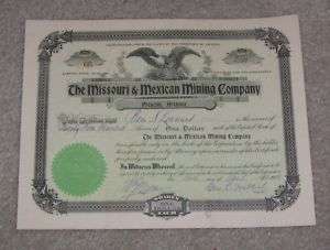 Missouri and Mexican Mining Co Stock Certificate 1903  