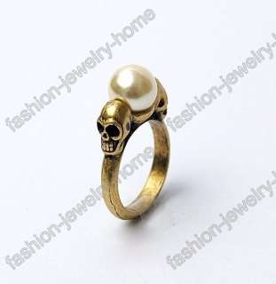 Fashion Cool Skull Imitate Pearl Retro Gold Ring HOT  