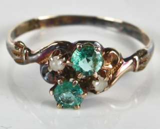 1820s Rare 10k Rose Gold .40ct Genuine Colombian Emerald & Seed Pearl 
