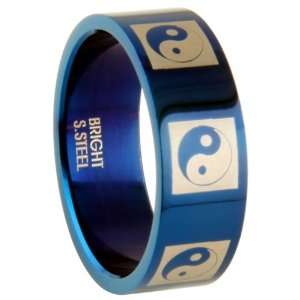  Yin and Yang Blue 316L Stainless Steel Ring   Width 8mm 
