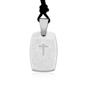   Lords Prayer Cross Mini Tag Stainless Steel Pendant Necklace: Jewelry