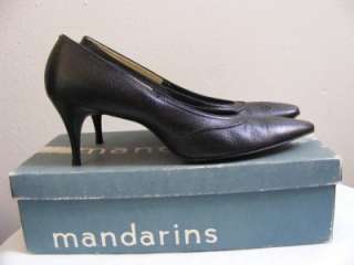 Vtg 50s 60s MANDARINS Black Leather Spike Heels 6.5/7 7.5 Pointy 