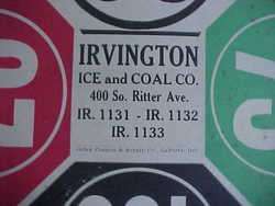 1920 30s Irvington Ice & Coal Company 7 piece set with sign 