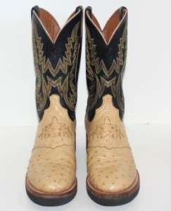  LUCCHESE 2000 Tan/Black Full Quill FQ Ostrich Cowboy Western Boots 