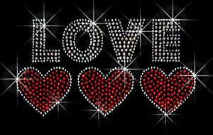 LOVE THREE RED HEART RHINESTONE IRON ON TRANSFER BLING  