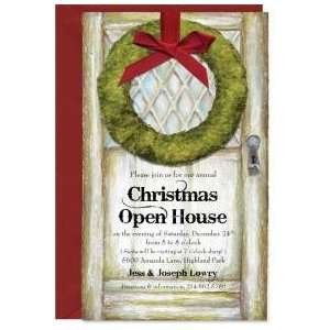  Moss Wreath Single Panel Blank Invitations with Red 