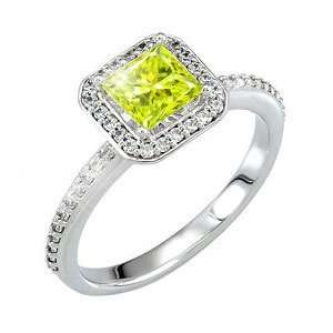 Square Cut Platinum Engagement Ring with Fancy Greenish Yellow Diamond 