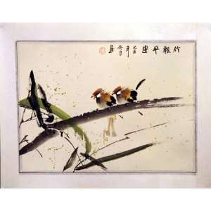 Two Brown Sparrows on Bamboo   Original Hand Painted Watercolor Art on 