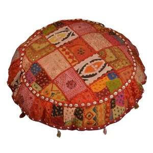 Round Shape Otto Cushion Cover With Patch, Embroidery, Mirror, Shell 