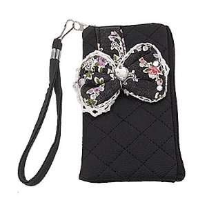  Tie Flower Lining Faux Leather Zipper Bag Phone Pouch Black w Wrist 