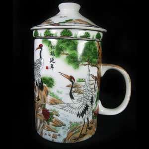  Chinese Porcelain Mug   Longevity Crane (Set of 2 