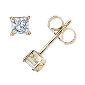   Yellow Gold Clear CZ 6mm Square Princess Cut Stud Earrings: Jewelry