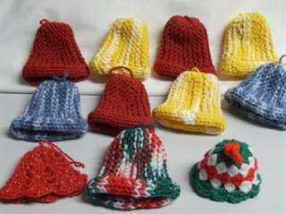 12 Vintage Knit Crocheted Xmas Ornaments Bells Lot Space Dyed Homemade 