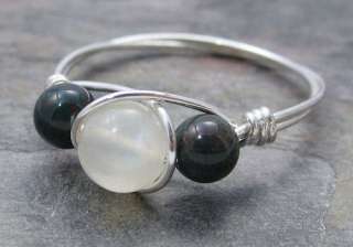 White Moonstone & Bloodstone Sterling Silver Wire Wrap Bead Ring ANY 