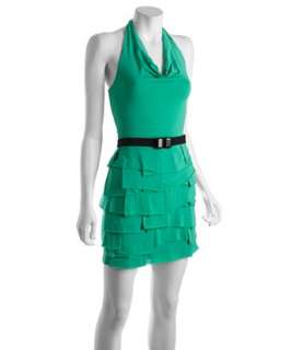BCBGMAXAZRIA emerald jersey halter ruffle front belted dress  BLUEFLY 