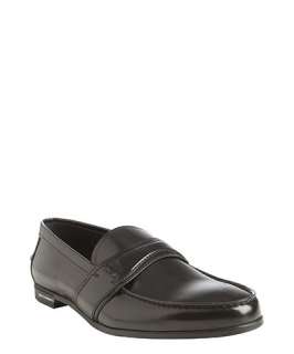 Prada black shined leather layered strap loafers