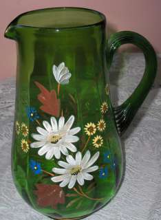 Vintage Green Hand Blown Glass Painted Flowers Pitcher /Glass